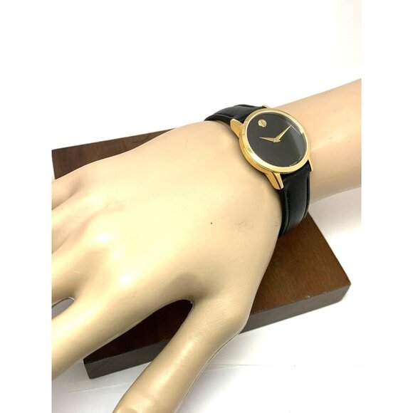 Movado Women\'s Watch 0607275 Swiss Quartz Gold Museum Black Dial Leather Band